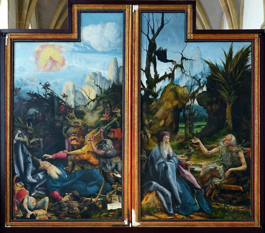 Far left and far right panels seen when altarpiece is fully open (here illustrated sided-by-side). The Temptations of Saint Anthony (left), Anthony visited by Saint Paul (right), Matthias Grünewald, Isenheim Altarpiece, 1510–15 (photo: Gzen92, CC BY-SA 4.0)