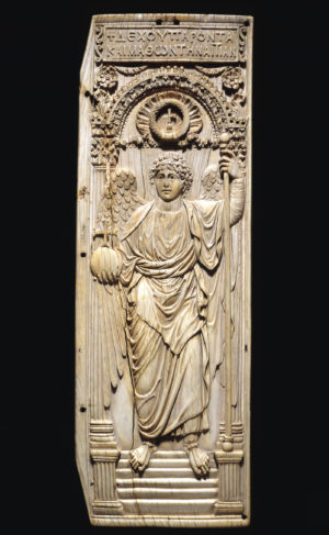 Byzantine panel with archangel, Ivory leaf from diptych, ca. 525–50, 16.8 x 5.6 x 0.35 in./42.8 x 14.3 x 0.9 cm, probably from Constantinople (modern Istanbul, Turkey), (British Museum, London)