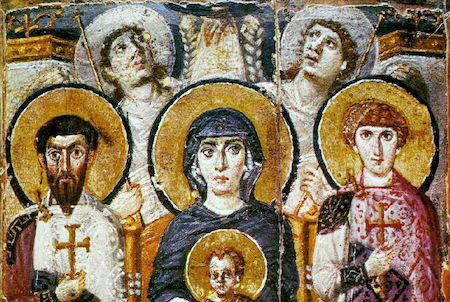 <em>Virgin (Theotokos) and Child between Saints Theodore and George</em>