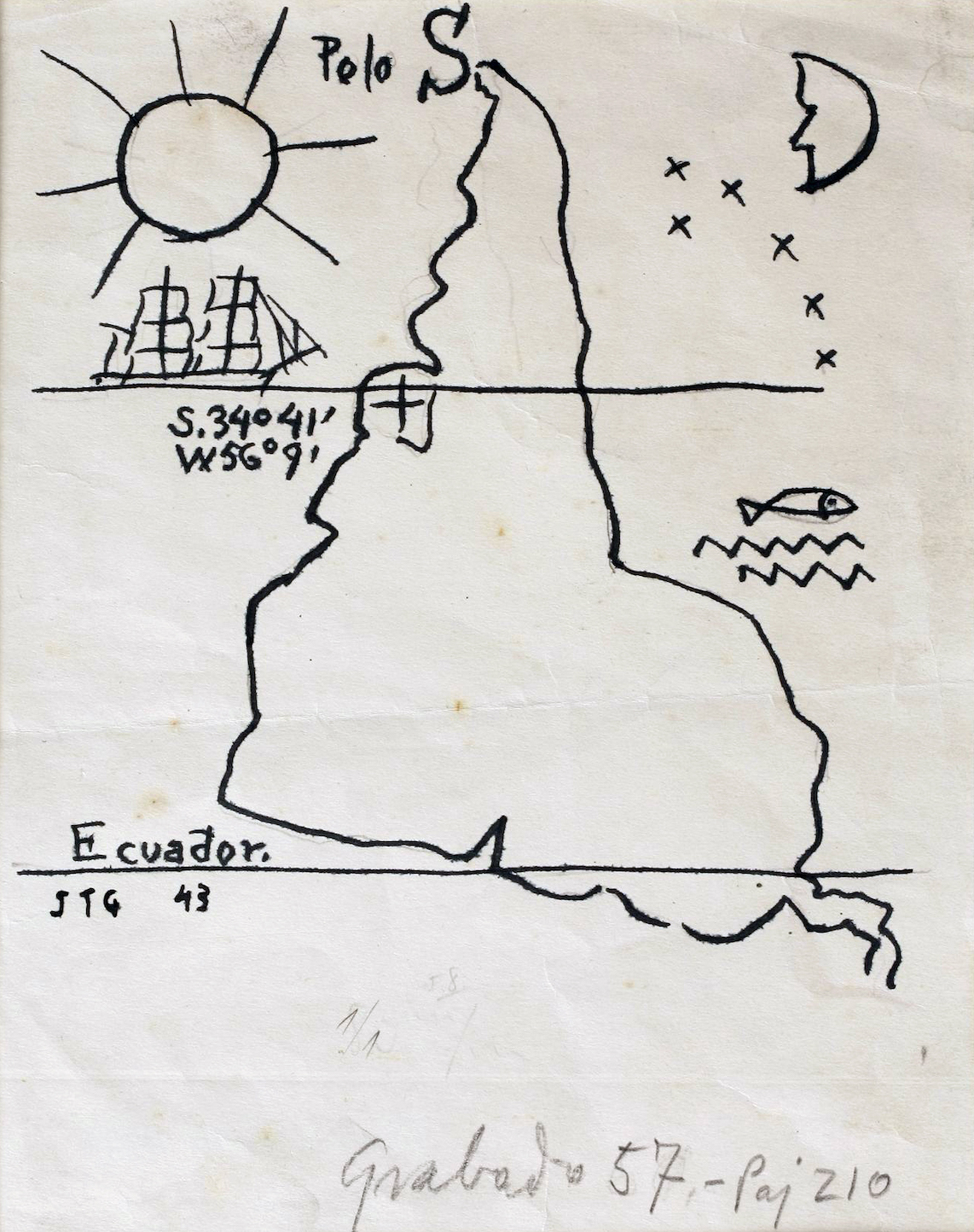 A drawing showing South America upside down, with a sun and ship in the upper right. A horizontal line passes through the continent, where Uruguay is. Joaquín Torres-García, América Invertida (Inverted America), 1943, ink on paper, 22 x 16 cm (Fundación Torres García, Montevideo)
