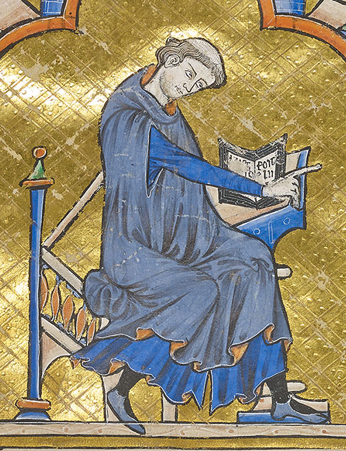 Cleric (detail), Dedication Page with Blanche of Castile and King Louis IX of France, Bible of Saint Louis (Moralized Bible), c. 1227–34, ink, tempera, and gold leaf on vellum (The Morgan Library and Museum, MS M. 240, fol. 8).