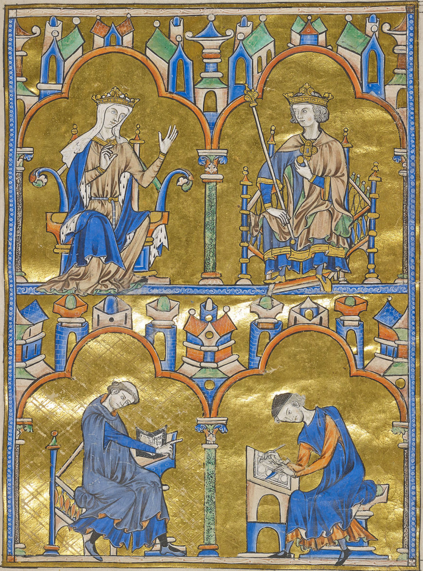 Top: Blanche of Castile and King Louis IX of France and below: Author Dictating to a Scribe, Bible of Saint Louis (Moralized Bible), France, probably Paris, c. 1227-34, 14 3/4 x 10 1/4 inches / 37.5 x 26.2 cm (The Morgan Library & Museum, MS M.240, fol. 8)