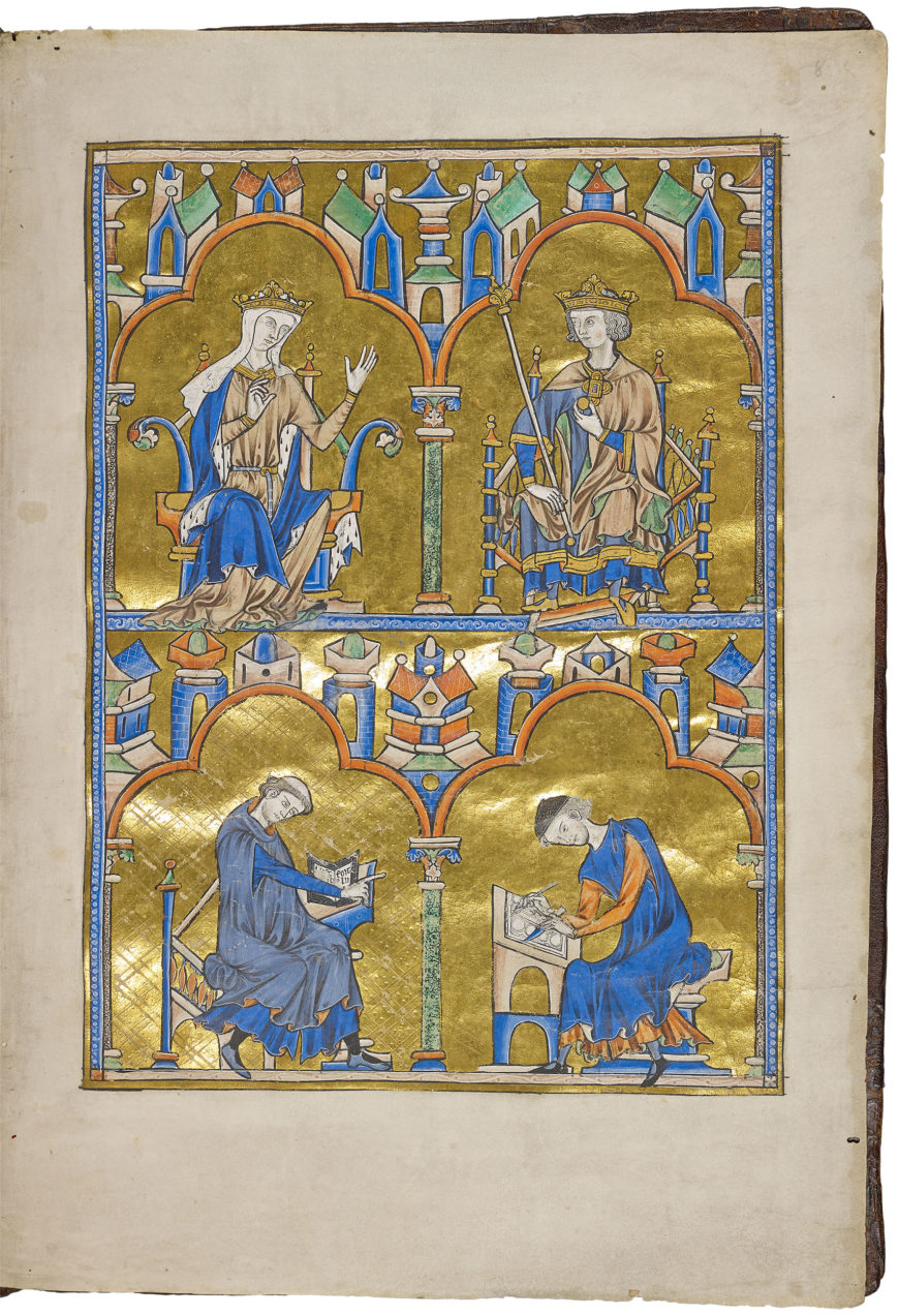 Top: Blanche of Castile and King Louis IX of France and below: Priest dictating to a scribe, Bible of Saint Louis (Moralized Bible), France, probably Paris, c. 1230, 14 3/4 x 10 1/4" / 37.5 x 26.2 cm (The Morgan Library & Museum, MS M.240, fol. 8)