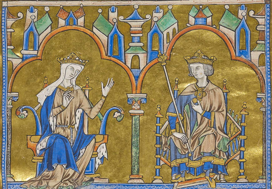 Blanche of Castile and King Louis IX of France (detail), Dedication Page with Blanche of Castile and King Louis IX of France, Bible of Saint Louis (Moralized Bible), c. 1227–34, ink, tempera, and gold leaf on vellum (The Morgan Library and Museum, MS M. 240, fol. 8).