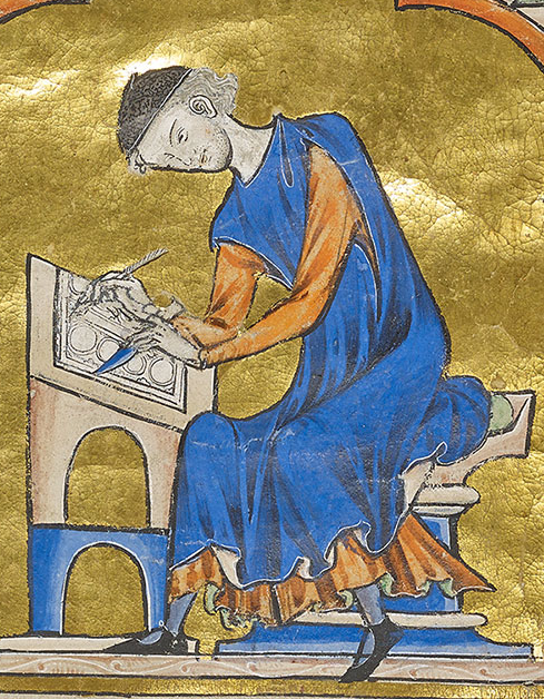 Scribe (detail), Dedication Page with Blanche of Castile and King Louis IX of France, Bible of Saint Louis (Moralized Bible), c. 1227–34, ink, tempera, and gold leaf on vellum (The Morgan Library and Museum, MS M. 240, fol. 8).