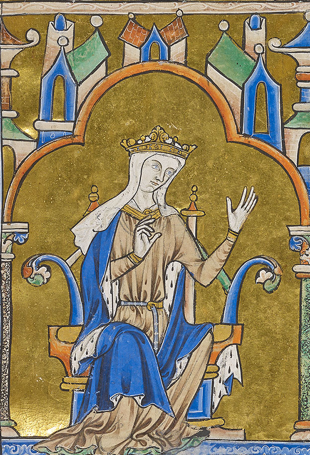 Blanche of Castile (detail), Dedication Page with Blanche of Castile and King Louis IX of France, Bible of Saint Louis (Moralized Bible), c. 1227-34, ink, tempera, and gold leaf on vellum (The Morgan Library and Museum, MS M. 240, fol. 8).