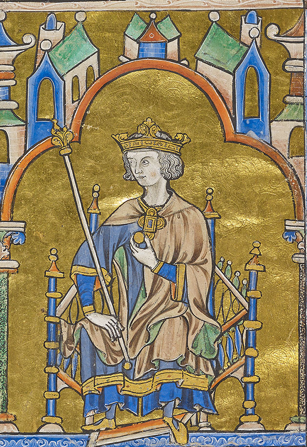 Louis IX (detail), Dedication Page with Blanche of Castile and King Louis IX of France, Bible of Saint Louis (Moralized Bible), c. 1227-34, ink, tempera, and gold leaf on vellum (The Morgan Library and Museum, MS M. 240, fol. 8).