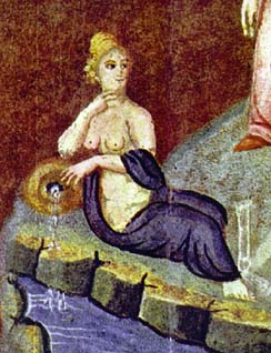 Detail of the personification of the water, folio 7 recto from the Vienna Genesis, early 6th century, tempera, gold and silver on purple vellum, 31.75 x 23.5 cm (Österreichische Nationalbibliothek, Vienna)