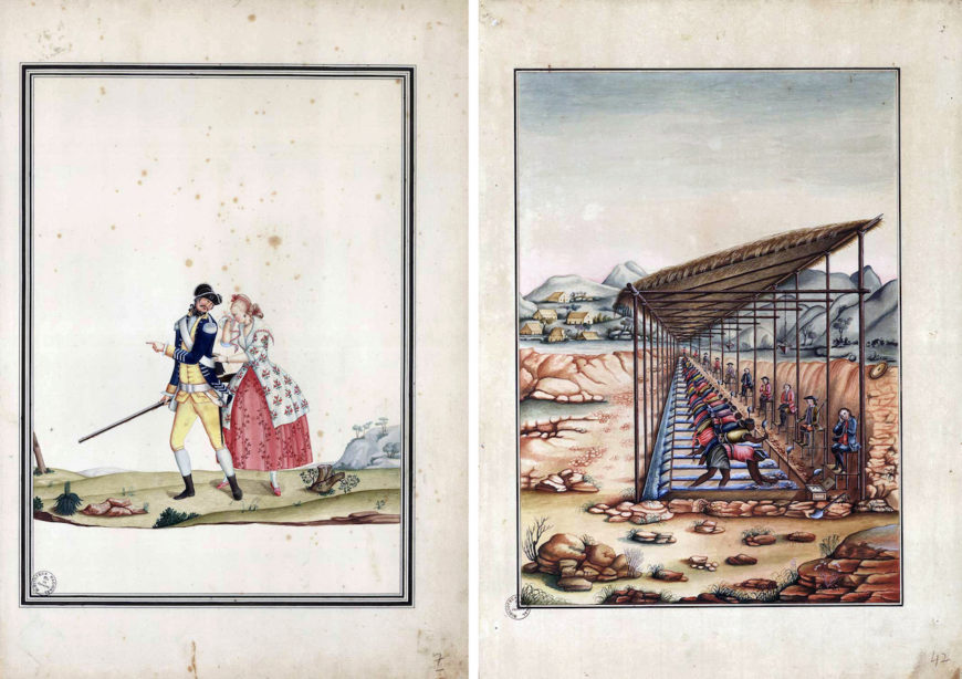 Carlos Julião, left: “A soldier departing from a crying woman” right: “Surveillance of the diamond mines,” in Noticia Summaria do Gentilismo da Asia…, c. 1780–1800, watercolors (Biblioteca Nacional, Brazil). The manuscript came into the possession of the National Library of Brazil in 1947, but the library did not make any records about the acquisition.