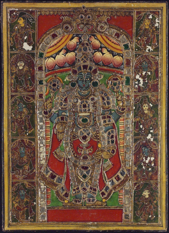 Vishnu, c. 1830–50, gouache painted on wood, with applied pieces of foiled gold, India (Victoria & Albert Museum)