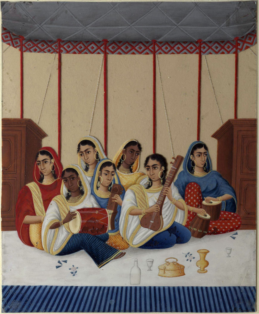 Shiva Lal, A group of seven female musicians seated under a canopy, c. 1865, gouache on mica, Patna, India, 20 16.5 cm (Victoria & Albert Museum)