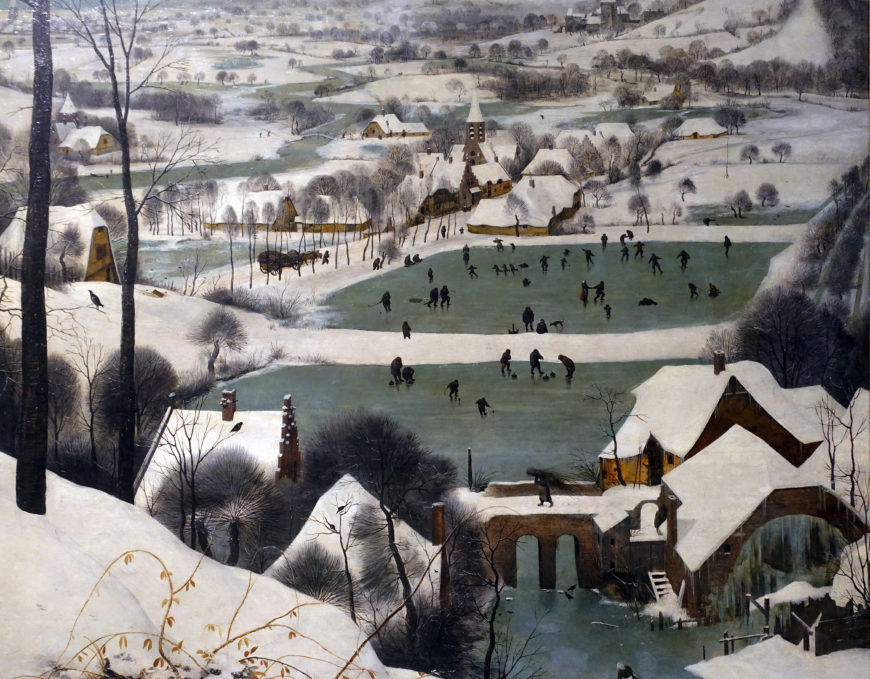 A person carrying a load of sticks over a bridge (detail), Pieter Bruegel the Elder, Hunters in the Snow (Winter), 1565, oil on wood, 162 x 117 cm (Kunsthistorisches Museum, Vienna; photo: Steven Zucker, CC BY-SA-NC 2.0)