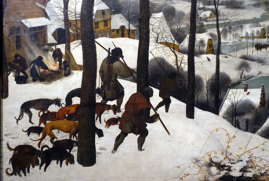 Hunters and dogs (detail), Pieter Bruegel the Elder, Hunters in the Snow (Winter), 1565, oil on wood, 162 x 117 cm (Kunsthistorisches Museum, Vienna; photo: Steven Zucker, CC BY-SA-NC 2.0)