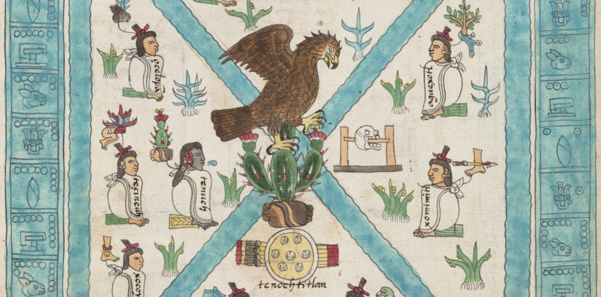 Detail with eagle, cactus and shield, Frontispiece, Codex Mendoza, Viceroyalty of New Spain, c. 1541–1542, pigment on paper © Bodleian Libraries, University of Oxford