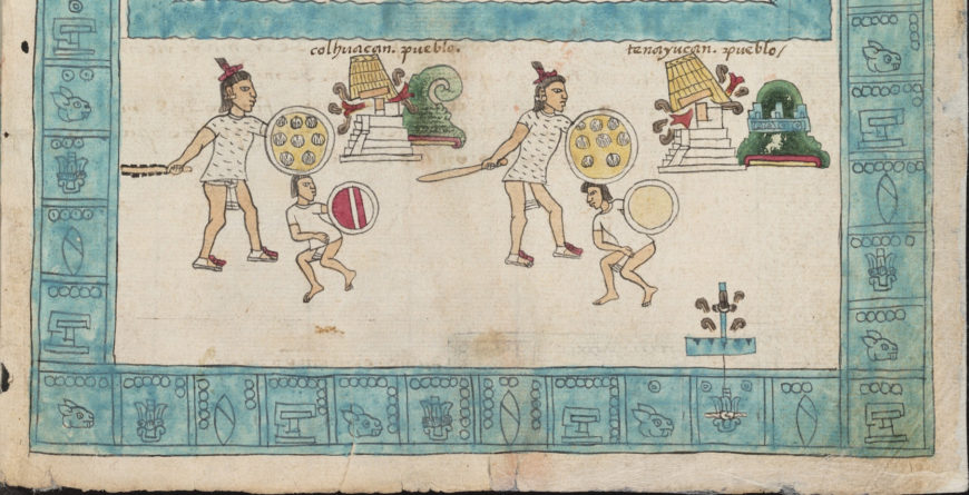 Detail with Aztec warriors, Frontispiece, Codex Mendoza, Viceroyalty of New Spain, c. 1541–1542, pigment on paper © Bodleian Libraries, University of Oxford