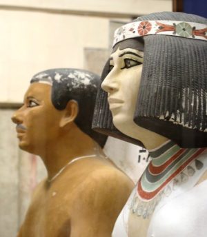 Beautifully preserved life-size painted limestone funerary sculptures of Prince Rahotep and his wife Nofret. Note the lifelike eyes of inlaid rock crystal (Old Kingdom) (photo: Dr. Amy Calvert)