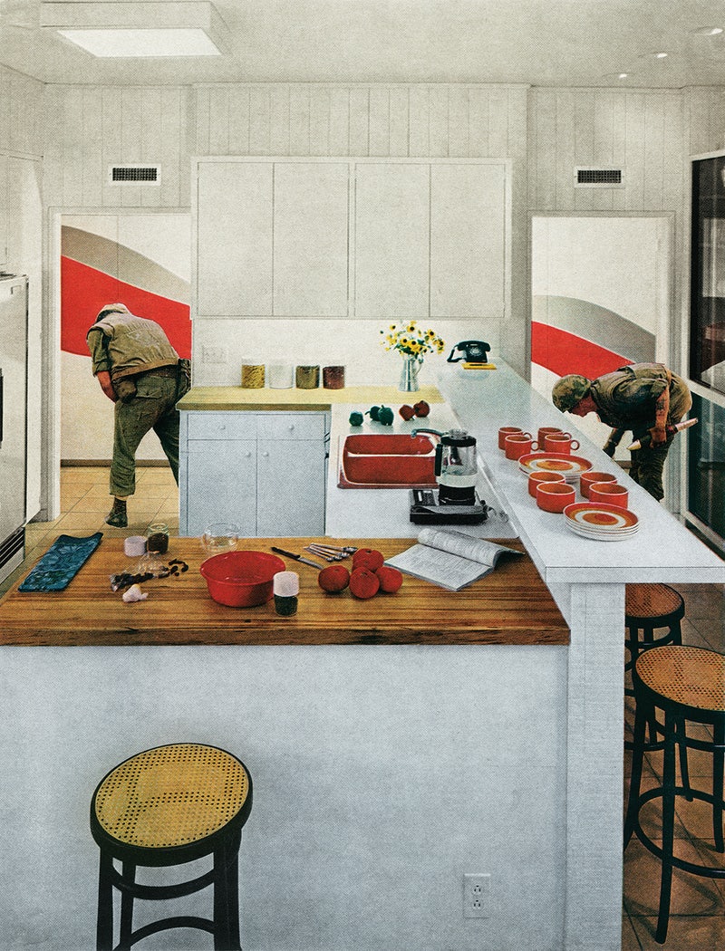Martha Rosler, “Red Stripe Kitchen,” from the series “House Beautiful: Bringing the War Home,” c. 1967-72, photomontage. © Martha Rosler.