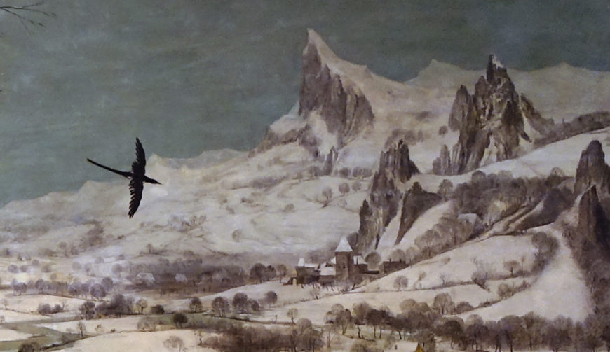 Crow with distant mountains (detail), Pieter Bruegel the Elder, Hunters in the Snow (Winter) , 1565, oil on wood, 162 x 117 cm (Kunsthistorisches Museum, Vienna, photo: Steven Zucker, CC BY-NC-SA 2.0)