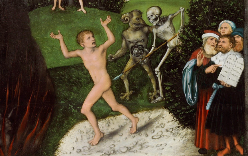 Demon and skeleton force a man toward hell, while prophets stand on right (detail), Lucas Cranach, The Law and the Gospel, c. 1529, oil on wood, 82.2 × 118 cm / 32.4 × 46.5 in (Herzogliches Museum, Gotha, Germany)