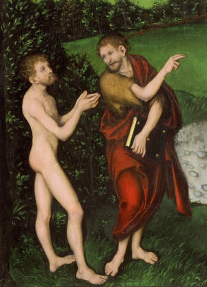 John the Baptist pointing a man toward Christ (detail), Lucas Cranach, The Law and the Gospel, c. 1529, oil on wood, 82.2 × 118 cm / 32.4 × 46.5 in (Herzogliches Museum, Gotha, Germany)