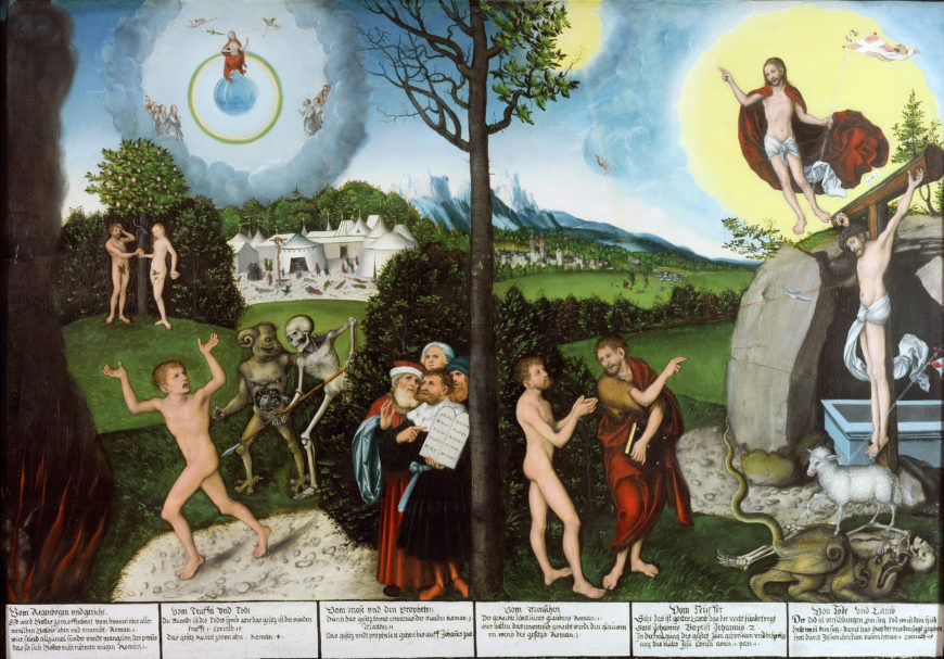 Lucas Cranach, The Law and the Gospel, c. 1529, oil on wood, 82.2 × 118 cm / 32.4 × 46.5 in (Herzogliches Museum, Gotha, Germany)