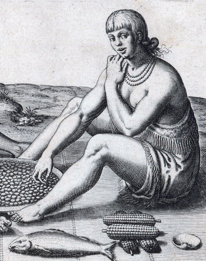 Theodor de Bry, “Their sitting at meate," engraving, 15.2 x 21.2 cm (The John Carter Brown Library), after a watercolor of John White, 1577–90, from A brief and true report of the new found land of Virginia, 1590