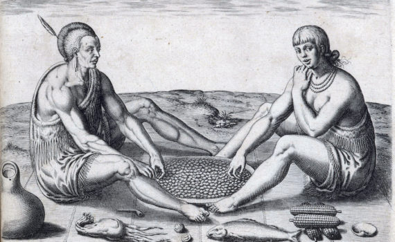 Theodor de Bry, “Their sitting at meate," engraving, 15.2 x 21.2 cm (The John Carter Brown Library), after a watercolor of John White, 1577–90, from A brief and true report of the new found land of Virginia, 1590