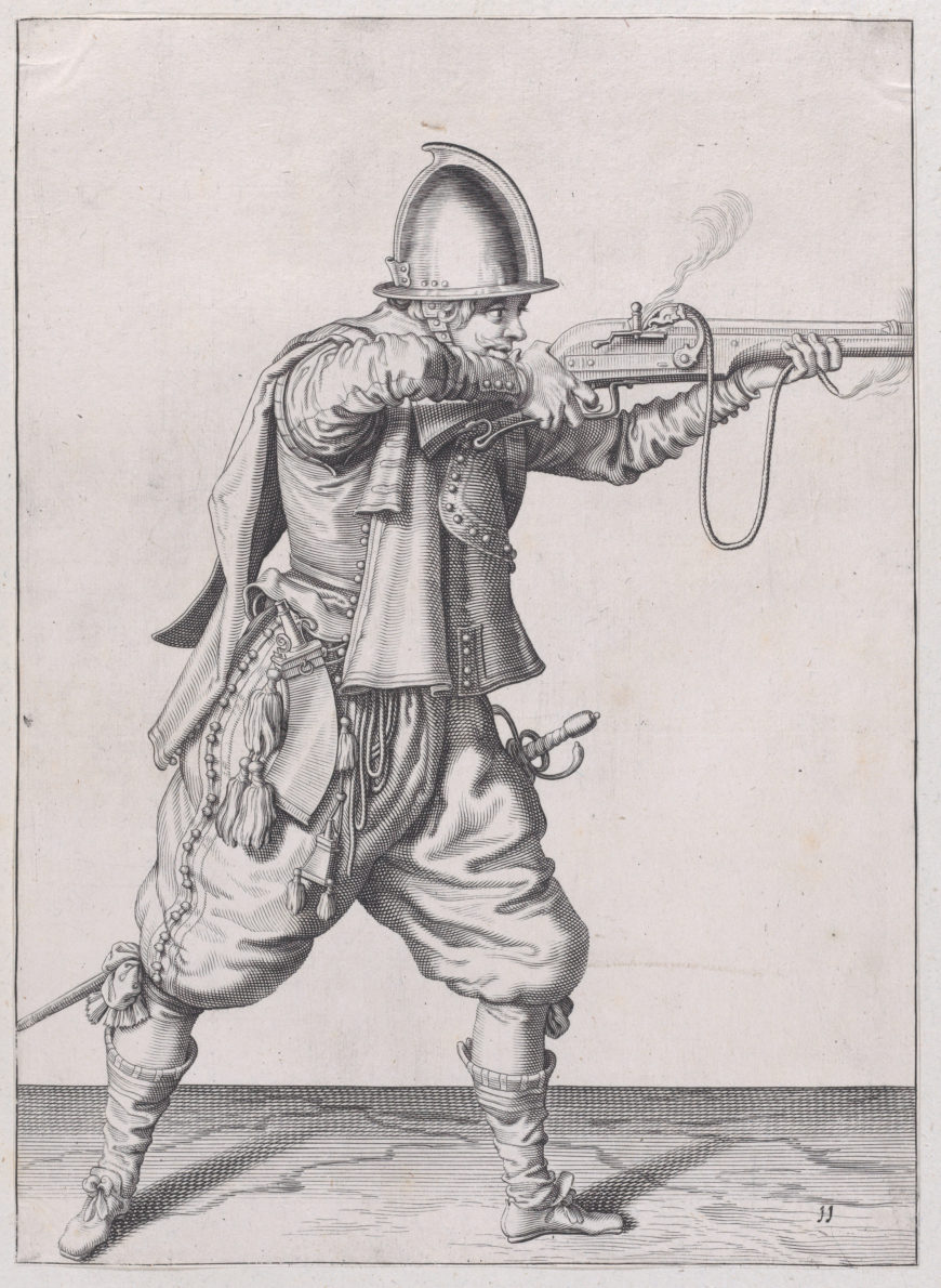 Jacob de Gheyn, A soldier taking aim, from the Marksmen series, plate 11, from The Exercise of Arms, 1608 (The Metropolitan Museum of Art)