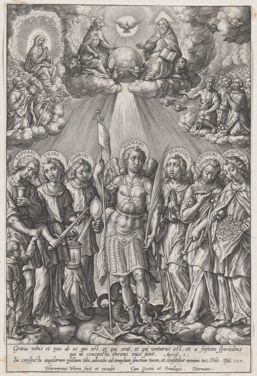 Hieronymus (Jerome) Wierix, Holy Trinity with Archangels, 1570–1619, engraving, 15.9 x 10.5 cm (The Metropolitan Museum of Art)