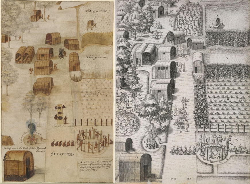 The town of Secoton (bird’s-eye view of town with houses, lake at the top, fire, fields and ceremony). Left: John White, 1585-1593, watercolour over graphite, heightened with white (British Museum); Theodore de Bry, 1590, engraving (after the watercolor by John White above) for volume 1 of Collected travels in the east Indies and west Indies which reprinted Thomas Hariot, A briefe and true report of the new found land of Virginia, of the commodities and of the nature and manners of the naturall inhabitants (British Library)