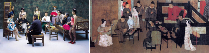 Left: Wang Qingsong, The Night Revels of Lao Li, 2000, photograph, 31 ft (120 x 960cm); right: Gu Hongzhong, The Night Revels of Han Xizai, handscroll, 12th-century (Song dynasty) copy of a 10th-century (Southern Tang dynasty) composition), ink and color on silk, 28,7 x 33.5.5 cm (The Palace Museum, Beijing)