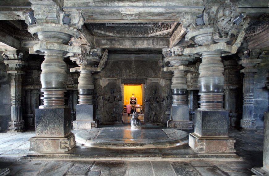 Interior of the Hoysaleshvara temple, with southern linga and ranga-mandapa