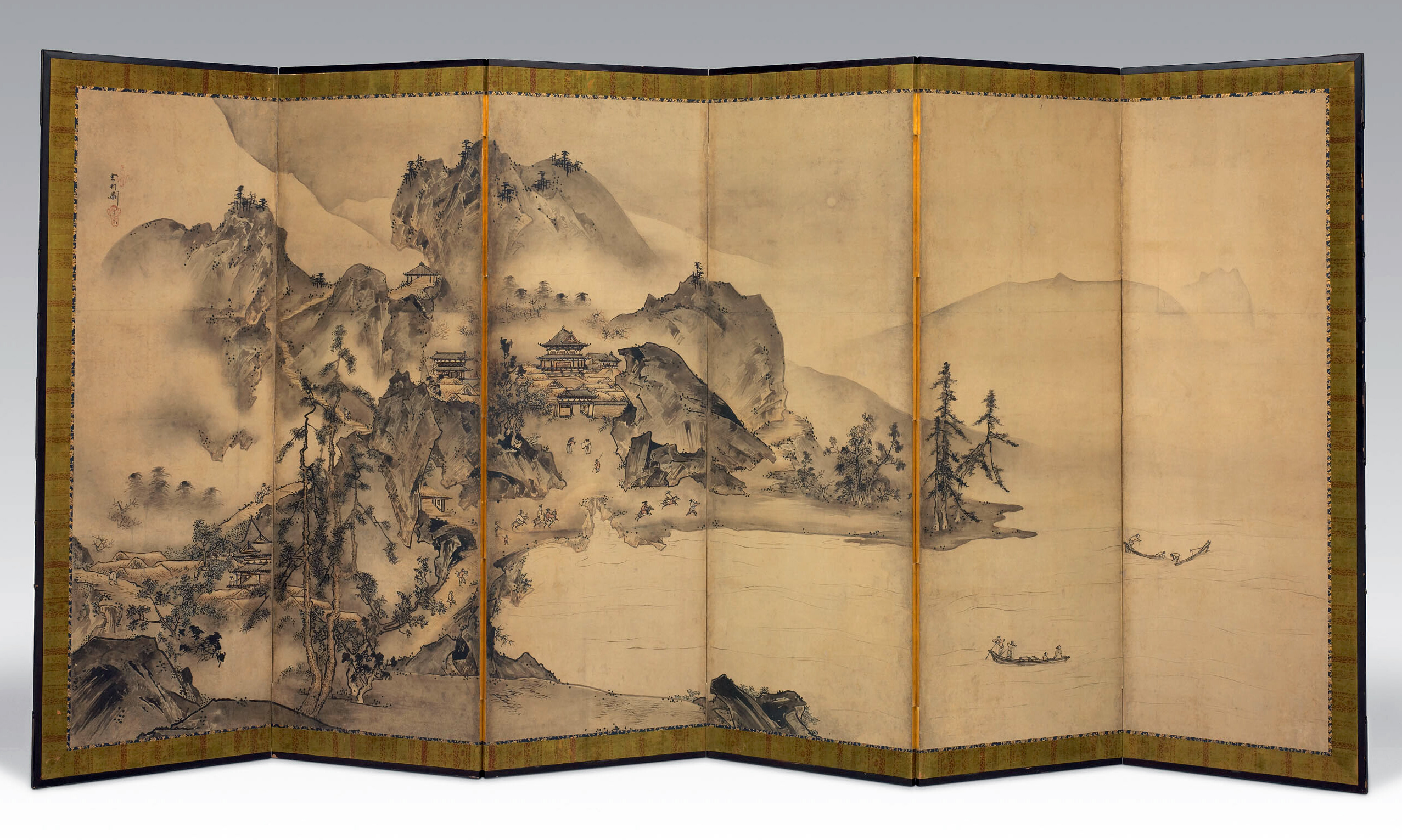 Sesson Shukei, Landscape of the Four Seasons, c. 1560, six-panel screen (one of a pair); ink and light colors on paper, 156.5 cm × 337 cm (Art Institute of Chicago)