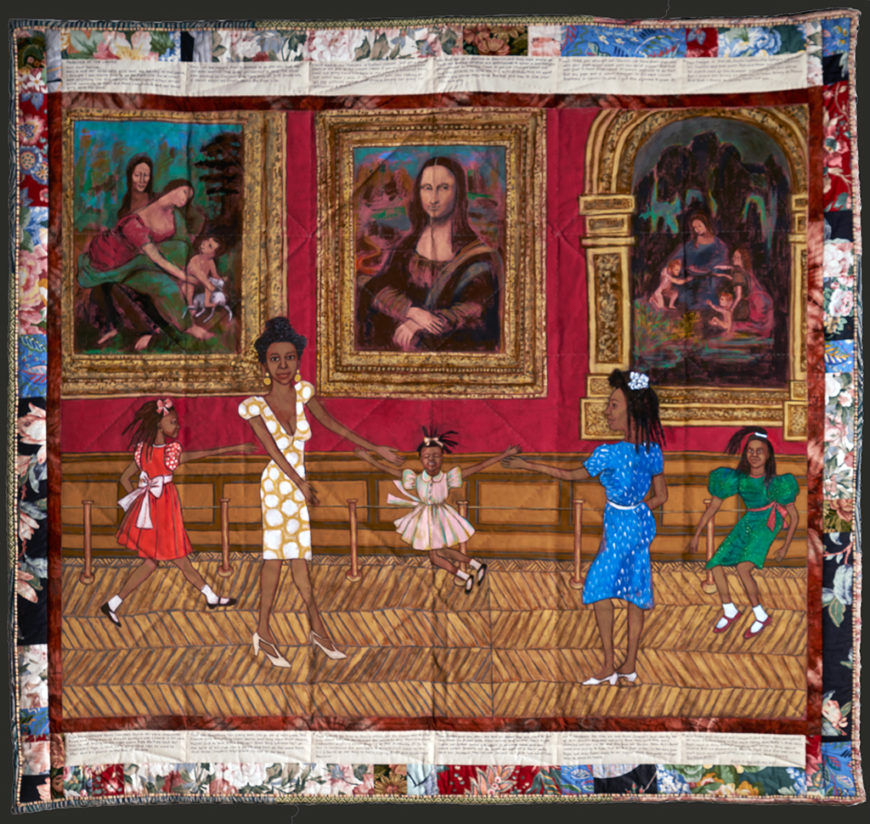 Faith Ringgold, Dancing at the Louvre, 1991, acrylic on canvas, tie-dyed, pieced fabric border, 73.5 x 80 inches, from the series, The French Collection, part 1; #1 (Gund Gallery, Kenyon College, Gambier) © Faith Ringgold