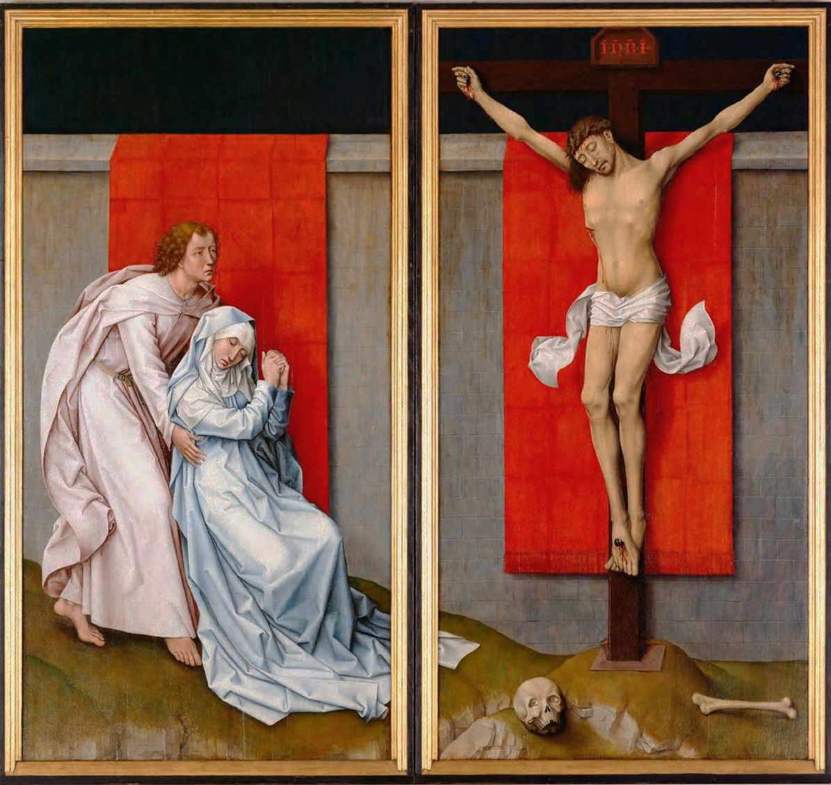 Rogier van der Weyden, The Crucifixion, with the Virgin and Saint John the Evangelist Mourning, c. 1460, oil on panel, 71 x 73-3/8 inches / 180.3 x 186.4 cm (Philadelphia Museum of Art)