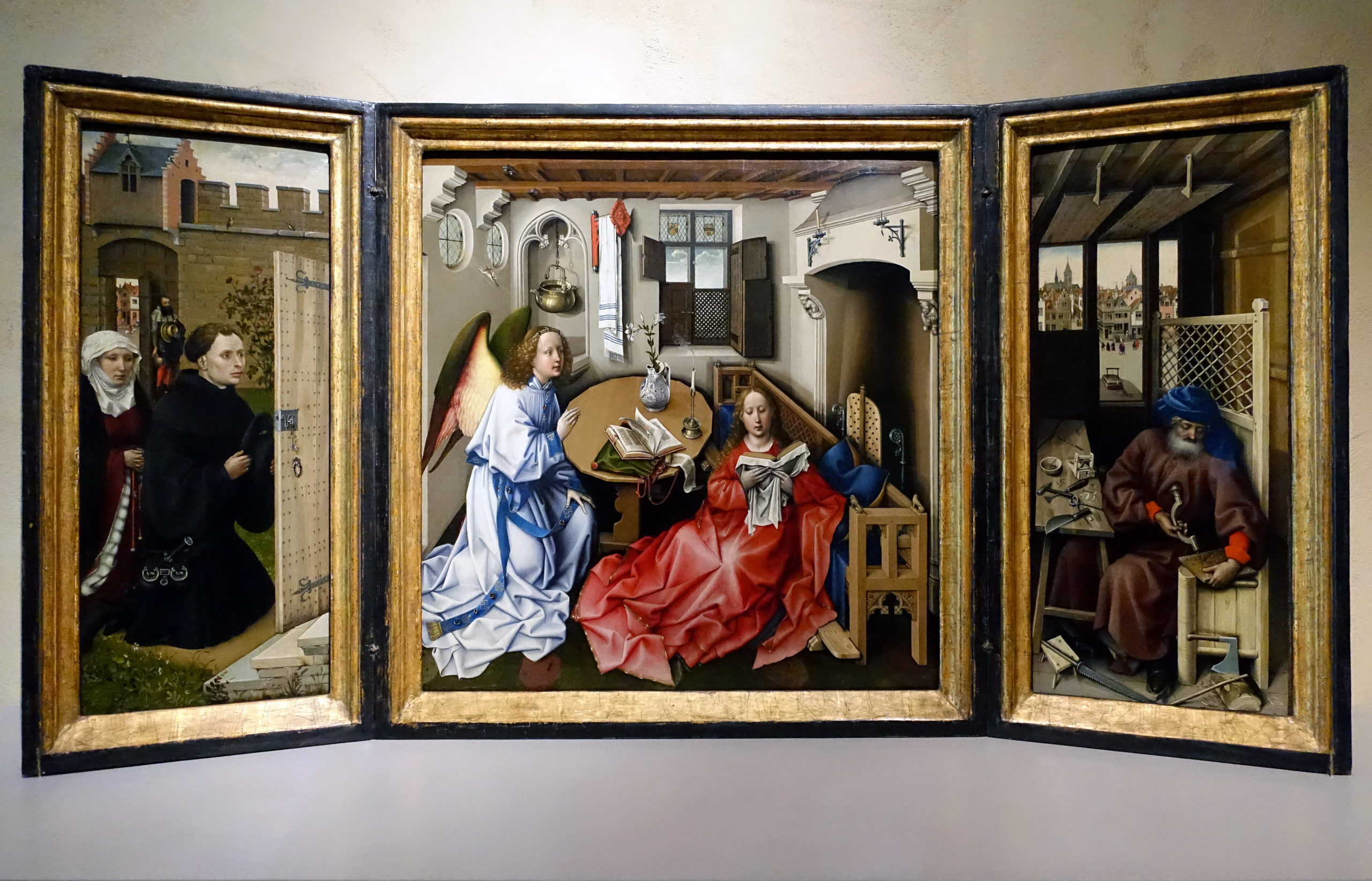 Workshop of Robert Campin, Annunciation Triptych (Merode Altarpiece), c. 1427–32, oil on oak panel, open 64.5 x 117.8 cm, central panel 64.1 x 63.2 cm, each wing 64.5 x 27.3 cm (The Cloisters, The Metropolitan Museum of Art)