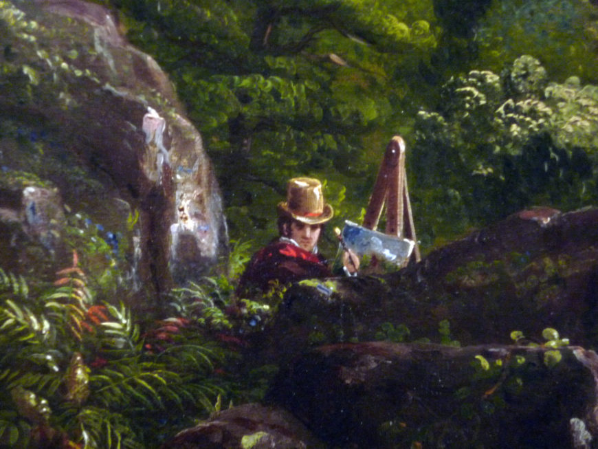 Self-portrait (detail), Thomas Cole, View from Mount Holyoke, Northampton, Massachusetts, after a Thunderstorm—The Oxbow, 1836, oil on canvas, 130.8 x 193 cm (The Metropolitan Museum of Art, photo: Steven Zucker, CC BY-NC-SA 2.0)