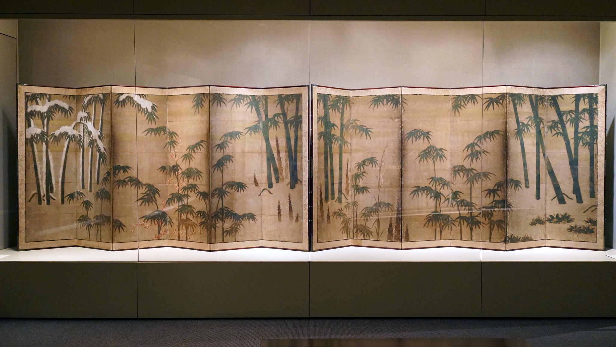 Tosa Mitsunobu (attribution), Bamboo in the Four Seasons, late 15th–early 16th century (Muromachi period), pair of six-panel screens; ink, color, gold leaf on paper, 157 × 360 cm each (The Metropolitan Museum of Art)