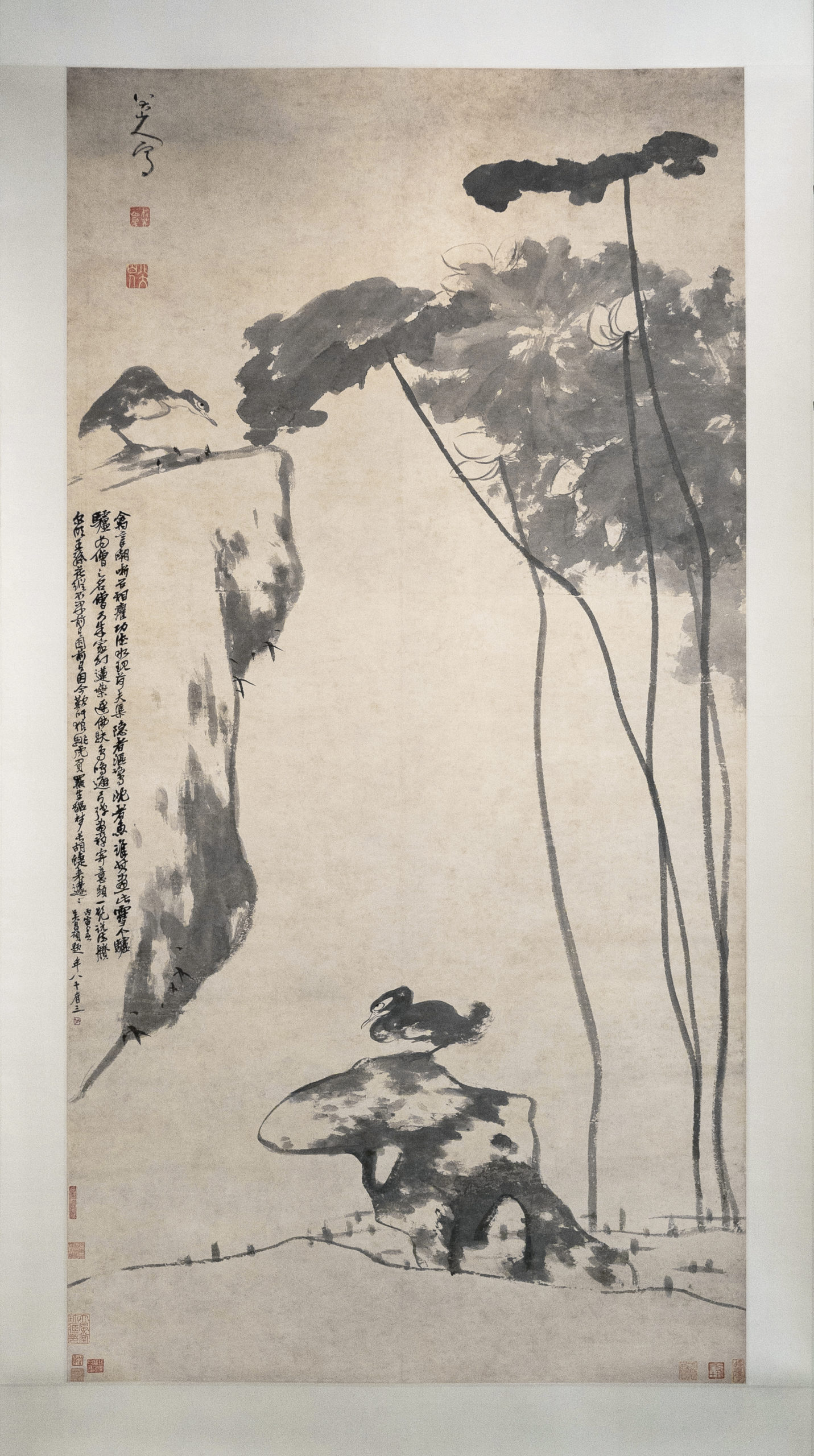 Bada Shanren 八大山人 (朱耷), Lotus and Ducks (colophon by Wu Changshuo 吳昌碩), c. 1696 (Qing dynasty), ink on paper (hanging scroll), image 185 x 95.8 cm (Freer Gallery of Art and Arthur M. Sackler Gallery, Smithsonian Institution)