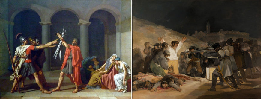 Left: Jacques-Louis David, Oath of the Horatii, oil on canvas, 3.3 x 4.25m, commissioned by Louis XVI, painted in Rome, exhibited at the salon of 1785 (Musée du Louvre); right: Francisco Goya, The Third of May, 1808, 1814–15, oil on canvas, 8' 9" x 13' 4" (Museo del Prado, Madrid)