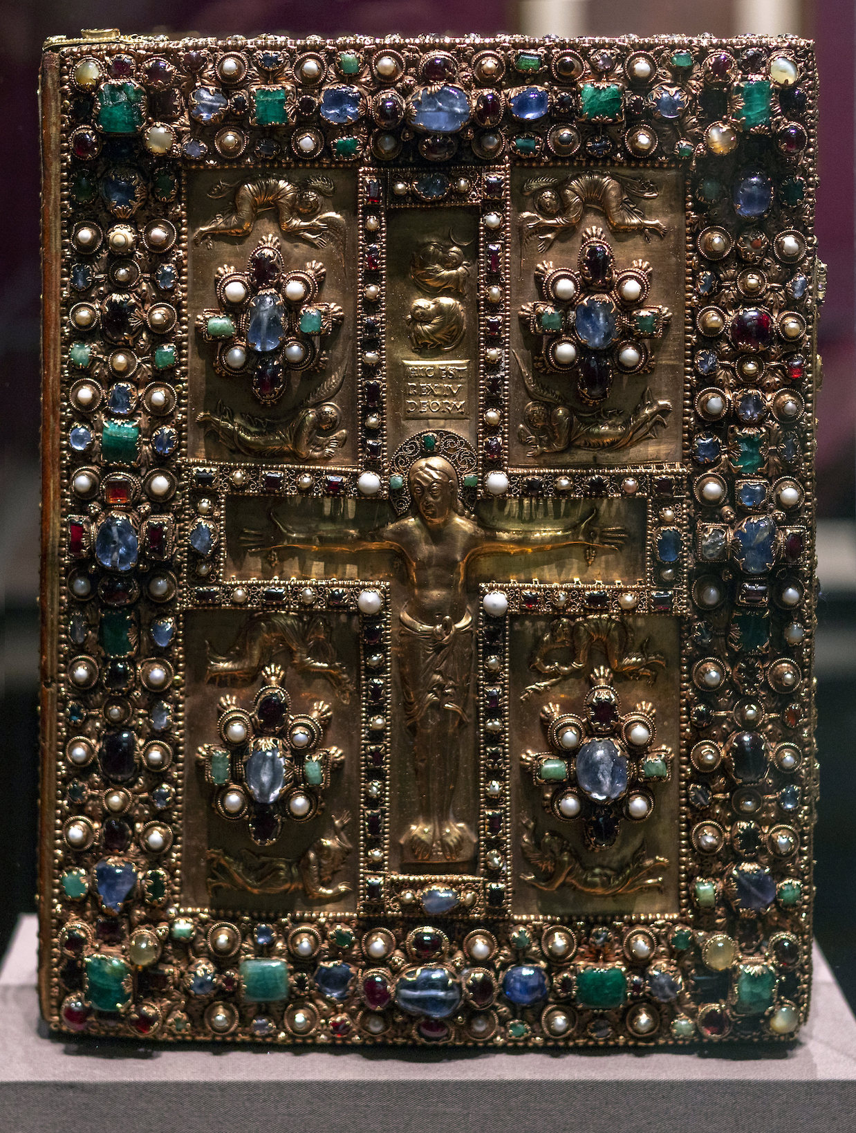 Jeweled upper cover of the Lindau Gospels, c. 880, Court School of Charles the Bald, 350 x 275 mm, cover may have been made in the Royal Abbey of St. Denis (Morgan Library and Museum, New York)