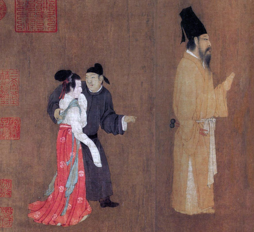 Gu Hongzhong, detail of Han waving good night, The Night Revels of Han Xizai, handscroll, 12th-century (Song dynasty) copy of a 10th-century (Southern Tang dynasty) composition), ink and color on silk, 28,7 x 33.5.5 cm (The Palace Museum, Beijing)