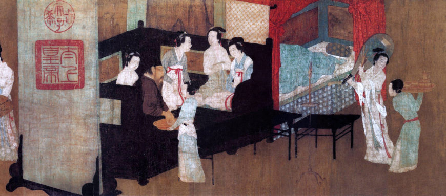 Gu Hongzhong, detail of Han on a couch with guests (left) and a rumpled bed (right), The Night Revels of Han Xizai, handscroll, 12th-century (Song dynasty) copy of a 10th-century (Southern Tang dynasty) composition), ink and color on silk, 28.7 x 335.5 cm (The Palace Museum, Beijing)