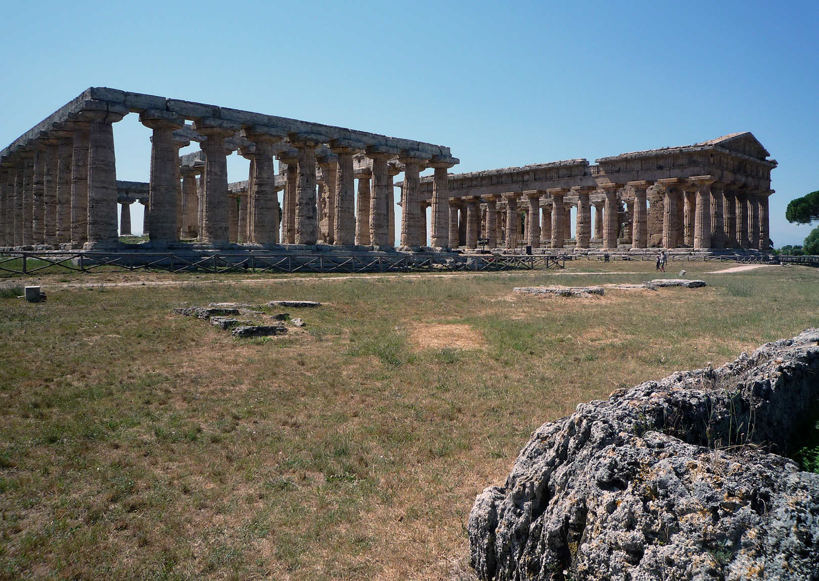 Hera I ("The Basilica") and "Hera II Behind. Hera I ("The Basilica"), c.560-530 B.C.E., 24.35 x 54 m, Greek, Doric temple from the archaic period likely dedicated to Hera, employs a 9:18 column ratio, Paestum (Latin) previously Poseidonia (Greek); and "Hera II," c. 460 B.C.E., 24.26 x 59.98 m, Greek, Doric temple from the classical period likely dedicated to Hera (not Poseidon), employs an 6:14 column ratio, Paestum (Latin) previously Poseidonia (Greek)