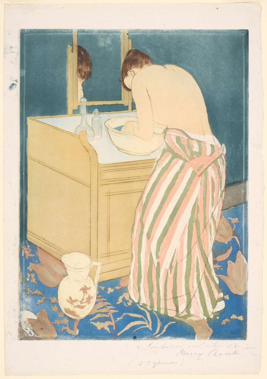 Mary Cassatt, Woman Bathing, 1890–91, color aquatint, with drypoint from three plates, on off-white laid paper, 43.2 x 30.5 cm (Art Institute of Chicago)