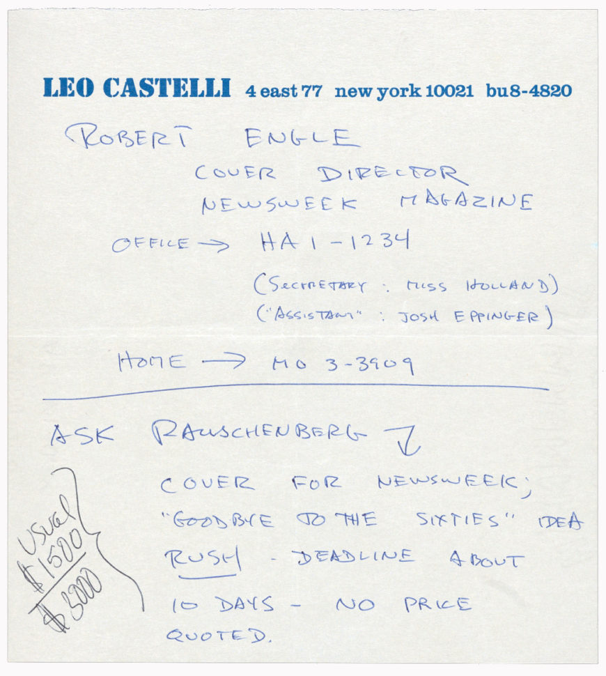 Leo Castelli Gallery records, Archives of American Art, Smithsonian Institution, box 17, folio 34. Image courtesy of the Rauschenberg Foundation.