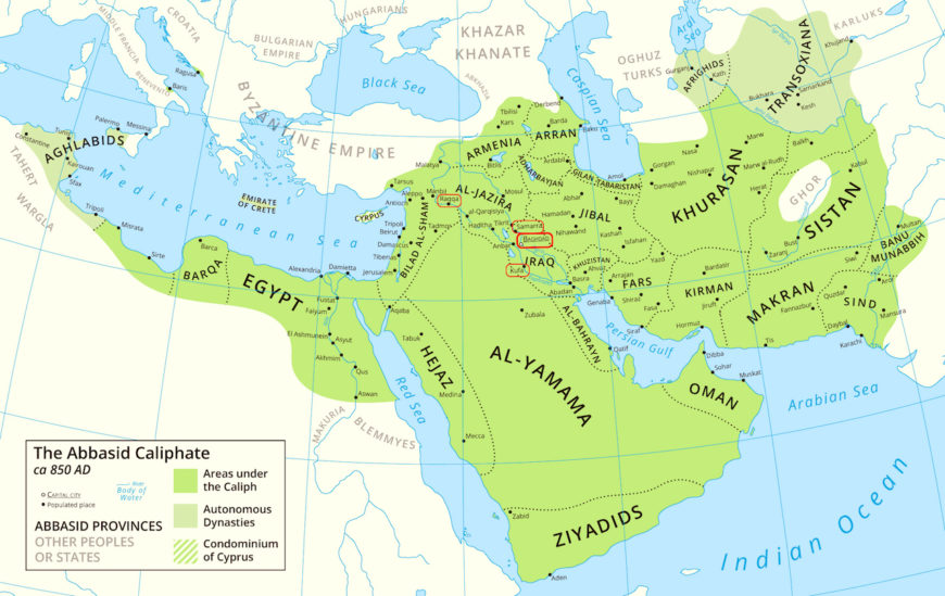 A map of the Abbasid Caliphate around 850 C.E., with cities circled in red that are discussed in this essay (map: Cattette, CC BY 4.0)