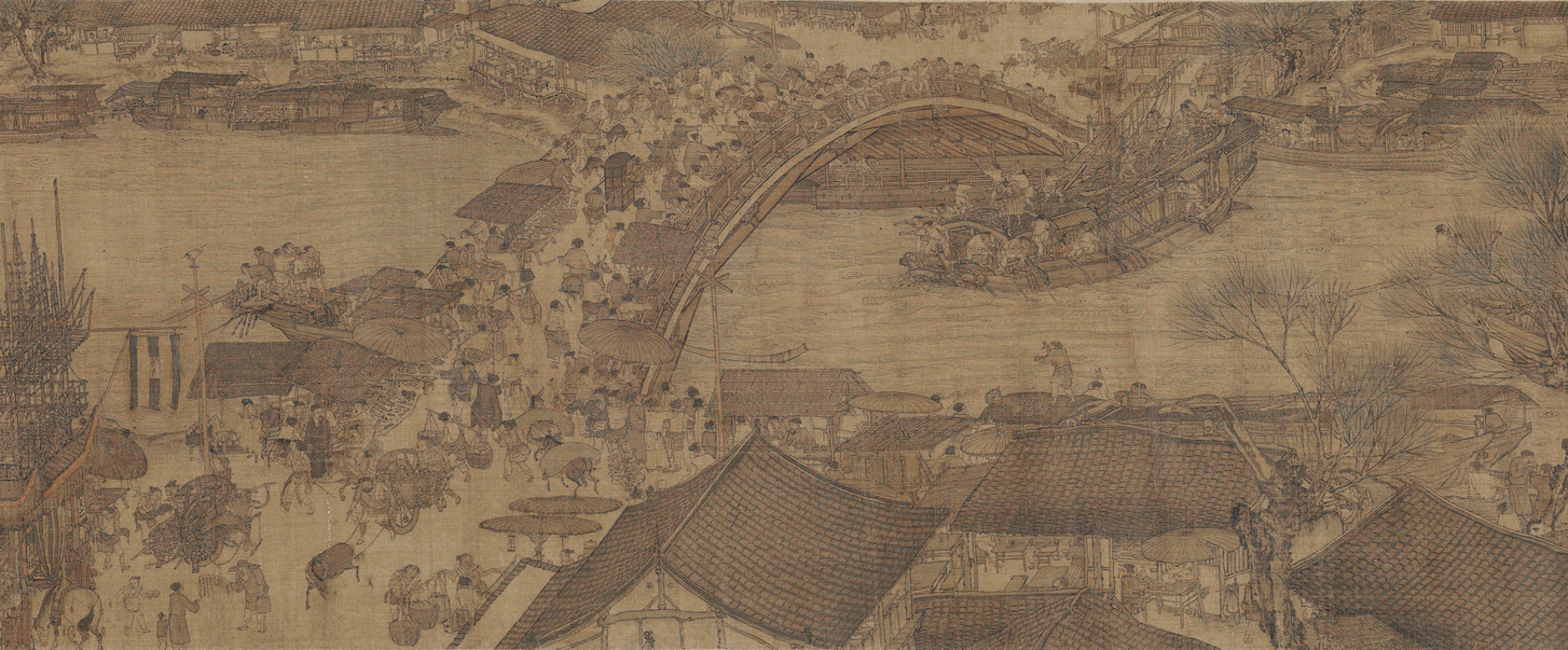 Attributed to Zhang Zeduan, Rainbow Bridge (detail), Along the River during Qingming Festival, handscroll, ink and color on silk, 11th–12th century, 24.8 x 528.7 cm (Palace Museum, Beijing)