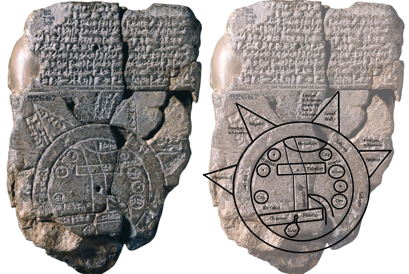 This tablet contains both a cuneiform inscription and a unique map of the Mesopotamian world. Babylon is shown in the centre (the rectangle in the top half of the circle), and Assyria, Elam, and other places are also named. Map of the World, Late Babylonian, c. 500 B.C.E., clay, findspot: Abu Habba, 12.2 x 8.c cm (© Trustees of the British Museum)