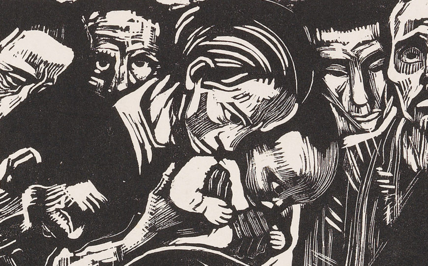 Mourning woman holding a child (detail), Käthe Kollwitz, Memorial Sheet of Karl Liebknecht (Gedenkblatt für Karl Liebknecht), 1919–1920, Woodcut heightened with white and black ink, 37.1 × 51.9 cm (photo: Anvilaquarius, public domain)